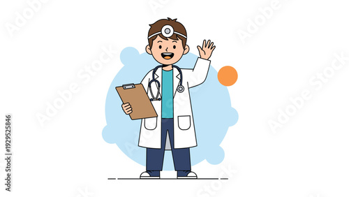 Professional male doctor in a white lab coat and stethoscope waves warmly while holding a clipboard to represent healthcare and medicine.