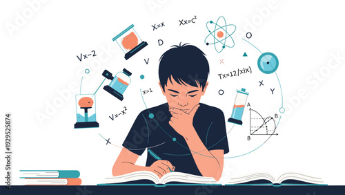 Thoughtful student boy ponders over science and mathematics problems with various educational icons floating around his head in an orbit.