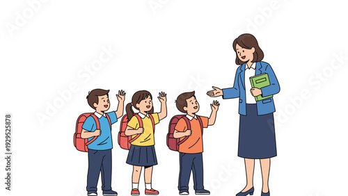 Friendly elementary school teacher welcomes three excited students with backpacks as they arrive at school for a new day of learning and play.