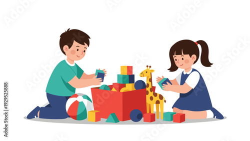 Two young children share a fun play session on the floor with colorful building blocks, a toy giraffe, and a beach ball from a toy box.