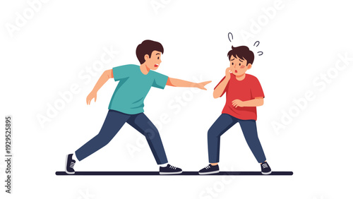 Scene of schoolyard bullying where one boy aggressively points at and yells at a frightened peer who looks distressed and defensive.