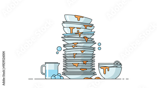 Massive stack of dirty white plates and bowls with food stains and soap bubbles waiting to be washed in a kitchen sink area.