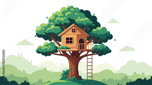 Enchanting wooden treehouse built high in a lush green tree with a ladder and window set against a peaceful mountain landscape.