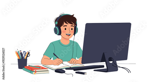 Diligent boy student studies at a desk using a desktop computer and headphones while taking notes in a notebook for online learning.