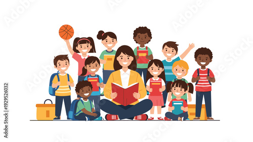 Diverse group of elementary school children listen attentively as their teacher reads a book while sitting on the floor in a circle.