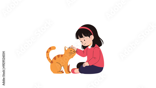 Gentle young girl sits on the floor and pets her friendly ginger cat in a scene of companionship and love between a child and pet.