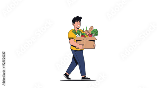 Strong young man walks while carrying a large cardboard box overflowing with fresh vegetables, bread, and groceries from the market.
