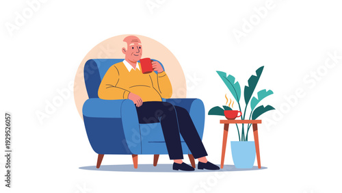 Senior man relaxing in a blue armchair while enjoying a warm beverage from a red mug near a potted plant indoors.