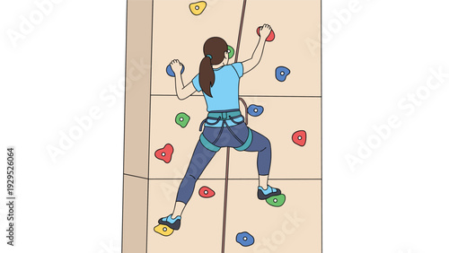 Woman wearing safety gear and climbing a rock wall with colorful holds during an indoor bouldering session.