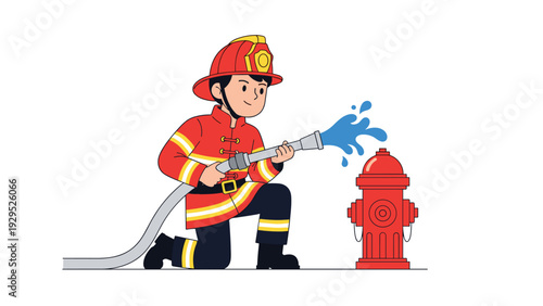 Brave firefighter in full red uniform and helmet kneeling while spraying water from a hose toward a red hydrant.