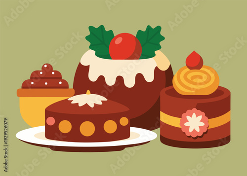 A collection of traditional Christmas holiday desserts including a large pudding and several cakes on a green background.