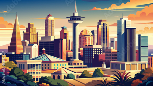 Very beautiful wide panoramic skyline of San Antonio stretching across South Central Texas, balanced composition of historic structures and contemporary towers under open skies.