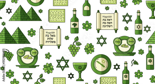 Passover Symbols Pattern: Matzah, Wine, Pyramids, Hagaddah, and Stars of David