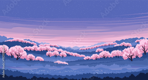 Serene illustration of cherry blossom trees in full bloom at twilight, with a starry sky and city lights in the distance, evoking a peaceful, dreamy atmosphere.