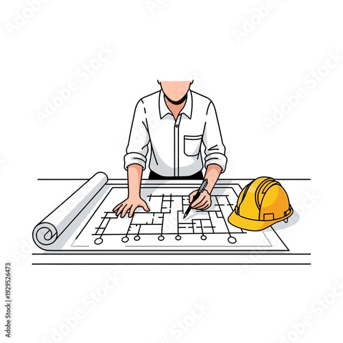 Architect Reviewing Blueprints with Hard Hat Nearby