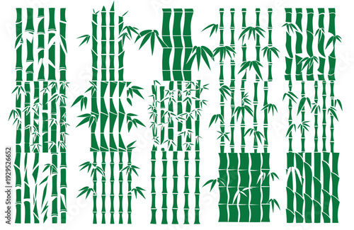 A dynamic vertical arrangement of multiple stylized bamboo stalks, richly adorned with green leaves, creating a vibrant natural pattern or background on a white canvas.