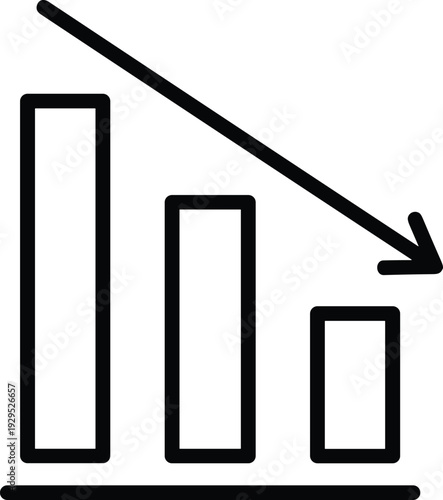 Declining bar chart icon with downward arrow representing financial loss, negative growth trend, business downturn, economic recession, and market performance decrease in flat design style.