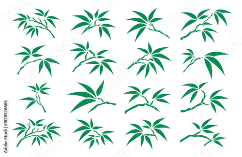 A comprehensive collection of sixteen distinct bamboo leaf branches, primarily depicted in a rich dark green hue, presenting a versatile array of natural design elements.