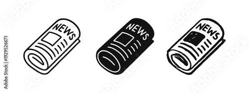Rolled Newspaper Icons Set. Outline, Solid, and Doodle Styles. News Media and Journalism Symbol Vector.