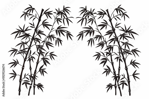 An artistic rendition showcasing two mirrored clusters of dark gray bamboo stalks adorned with leaves, forming an aesthetic arch-like design against a pristine white background.