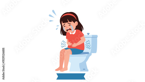 Distressed young girl is crying while sitting on the toilet, showing symptoms of severe stomach pain or discomfort.