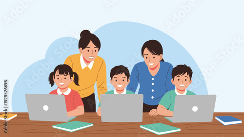 Two helpful teachers guide a group of students as they learn how to use laptops for their educational school work.
