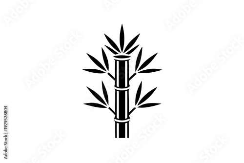 An intricate black silhouette icon depicting a single bamboo stalk with abundant, stylized leaves, evoking traditional artistry and natural elegance.