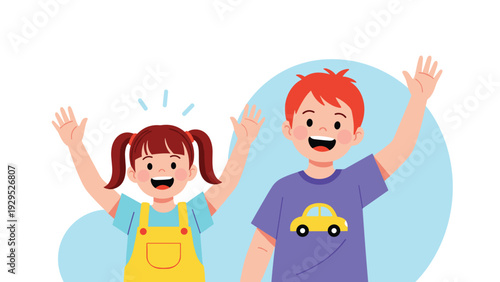 Cheerful young girl and boy standing together and waving their hands in a friendly greeting against a soft blue background.