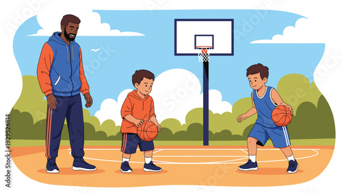 Father and his two sons playing basketball together on an outdoor court with a hoop and trees in the background area.