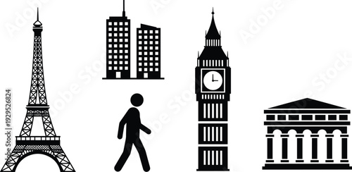 World landmarks and urban symbols silhouette, Eiffel Tower, Big Ben, pedestrian icon, classical building, modern architecture illustration