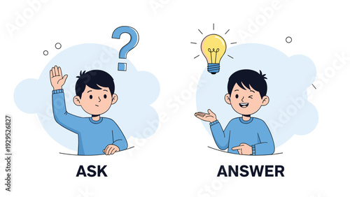 Boy raising his hand to ask a question and then looking bright after receiving an answer represented by a light bulb.