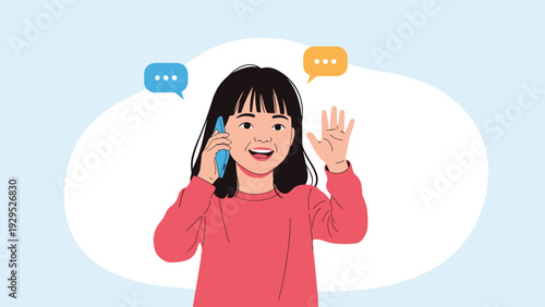 Young girl talking on a blue mobile phone while waving her hand and having a pleasant conversation with a friend.