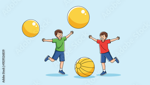 Two happy young boys playing outdoors with large yellow balls, jumping and reaching for them in a bright blue setting.