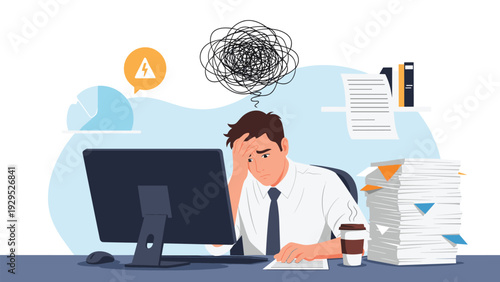 Overwhelmed office worker sitting at his desk with a large stack of papers and feeling stressed by his heavy workload.