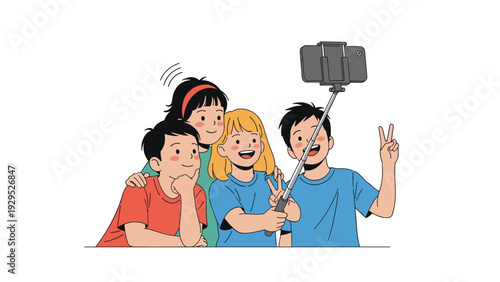 Diverse group of four friends gathering together to take a fun group selfie using a smartphone and a selfie stick.