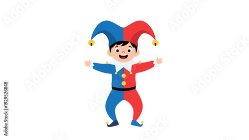 Cheerful little boy dressed in a colorful blue and red jester costume with a bell hat for a fun party or performance.