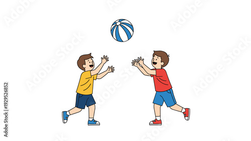 Two young boys playing together outside while tossing a blue and white striped ball back and forth in the fresh air.