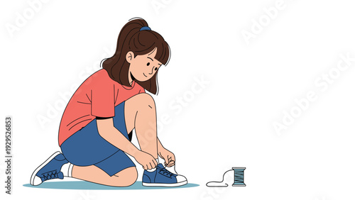 Little girl sitting on the floor and focused on threading a needle to learn the skill of sewing or mending her clothes.