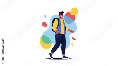 Happy young man with a backpack walking confidently through a series of colorful abstract shapes on a white background.