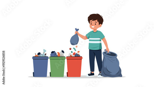 Responsible young boy sorting trash into different recycling bins to help protect the environment and sustainability.