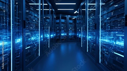 Data center servers with glowing blue light showing network activity for an AI agent audit trail and information flow.