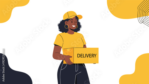 Cheerful delivery woman wearing a yellow cap and shirt while holding a cardboard box ready to provide friendly service.