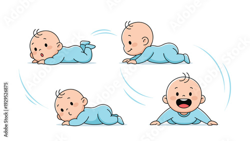 Set of illustrations shows a cute baby in a blue onesie learning how to crawl through different movement stages.