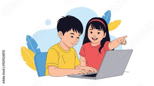 Two young children collaborate and learn together while using a laptop computer for their school project or fun.