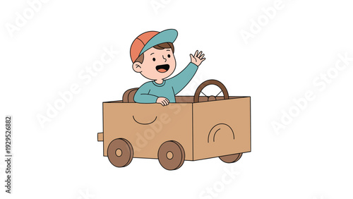 Young boy enjoys playing with a DIY cardboard box car, waving happily while imagining he is driving a real vehicle.