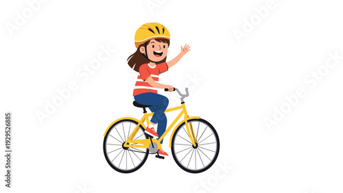 Cheerful young girl wearing a safety helmet waves happily while riding her yellow bicycle outdoors on a sunny day.