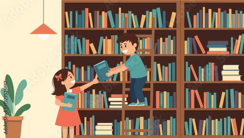 Two children working together in a library to find books on high shelves using a wooden ladder among many volumes.