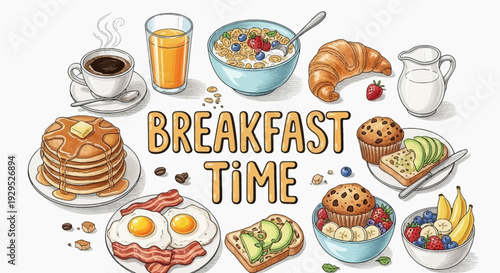 Colorful breakfast illustration with various food items and drinks.