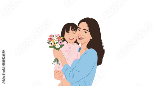 Loving mother holds her happy young daughter who is carrying a beautiful bouquet of flowers for a special occasion.