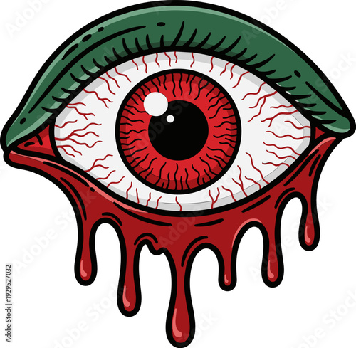 A graphic illustration of a human eye with a green eyelid, bloodshot white, and red blood dripping from it, conveying a spooky and eerie atmosphere, ideal for horror-themed designs and projects.